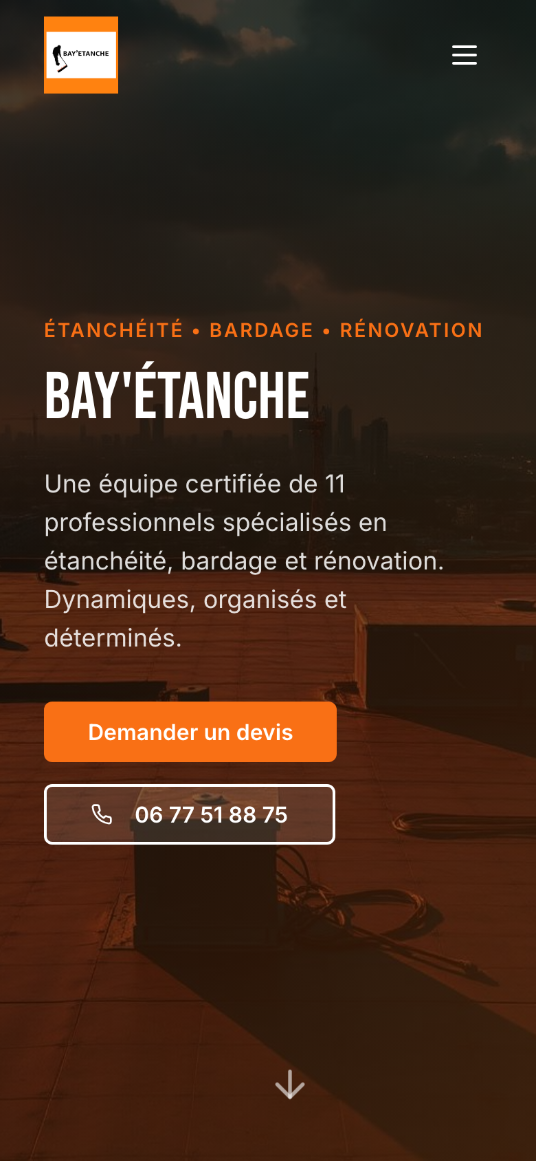 Page d'accueil du site de Bay’Étanche sur mobile
