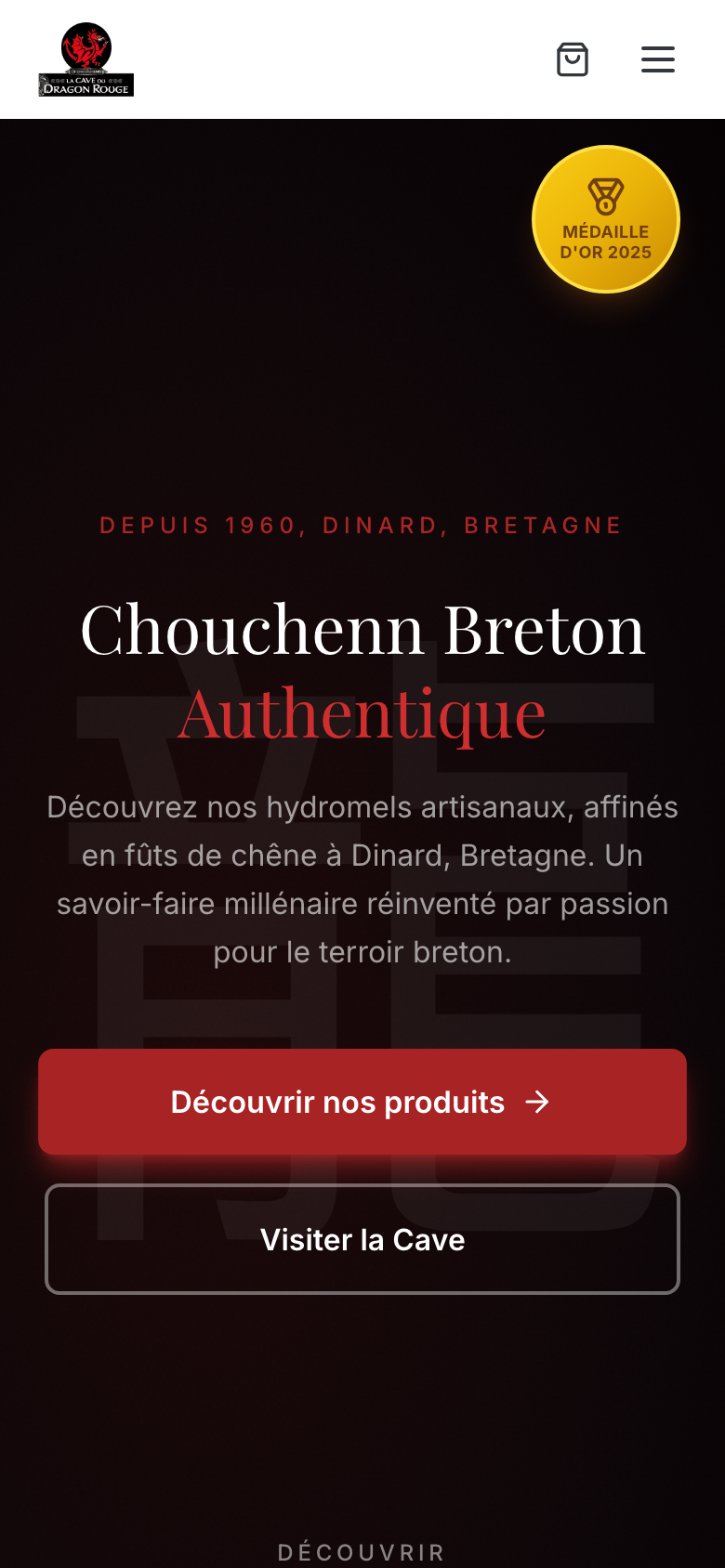 Page d'accueil du site de La Cave du Dragon Rouge sur mobile