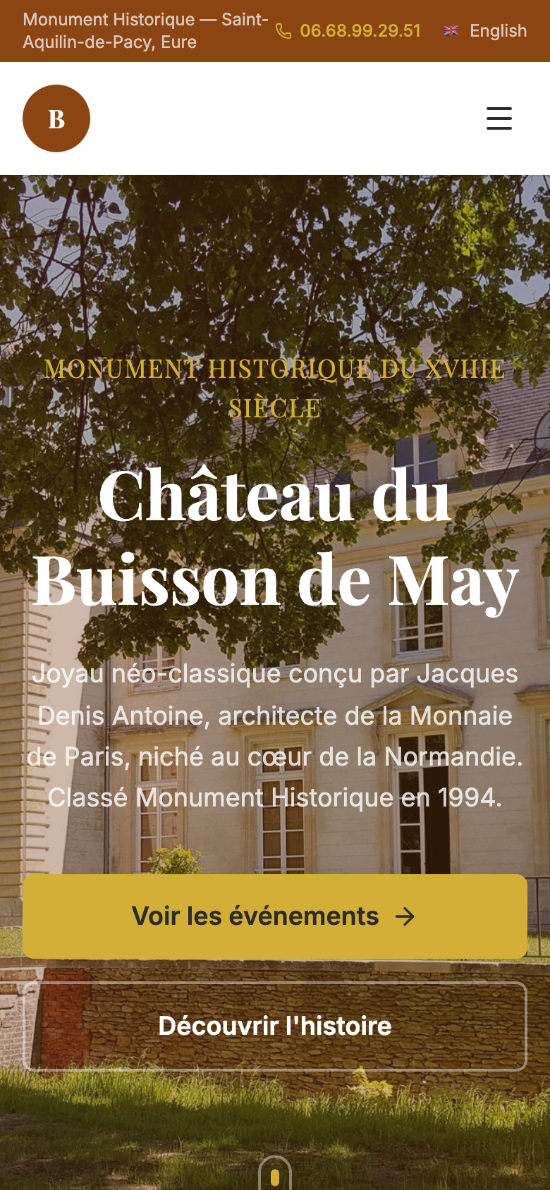 Page d'accueil du site de Château du Buisson de May sur mobile