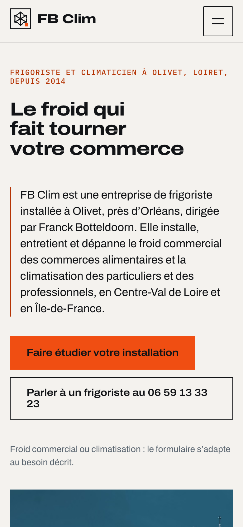 Page d'accueil du site de FB Clim sur mobile