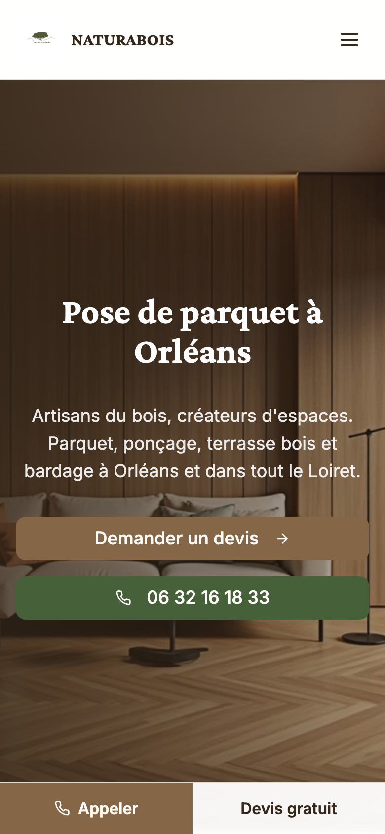 Page d'accueil du site de NATURABOIS sur mobile