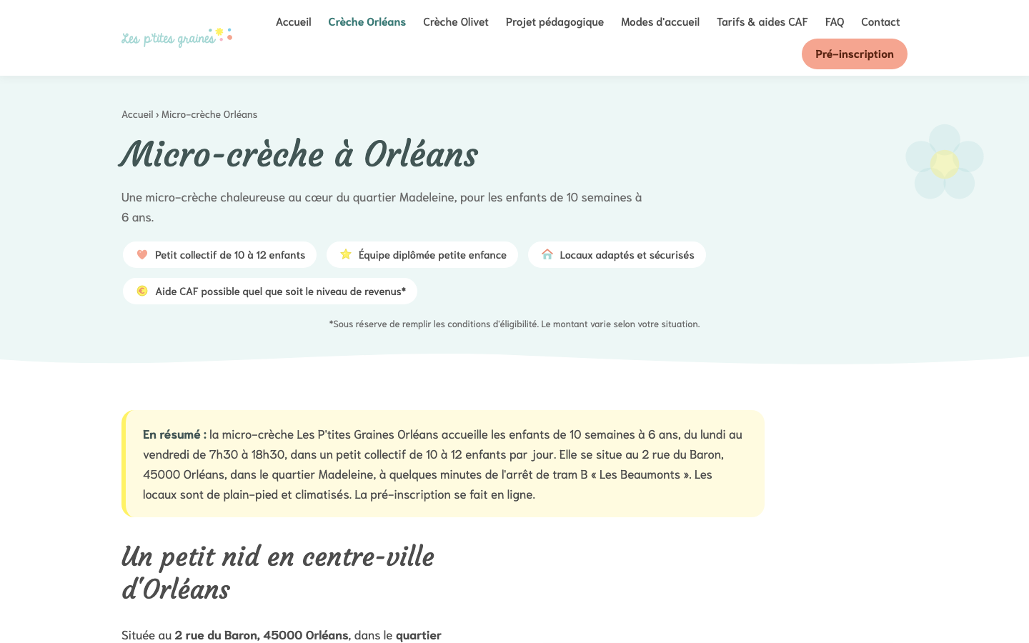 Page de la micro-crèche d'Orléans des P'tites Graines, avec son quartier et ses horaires